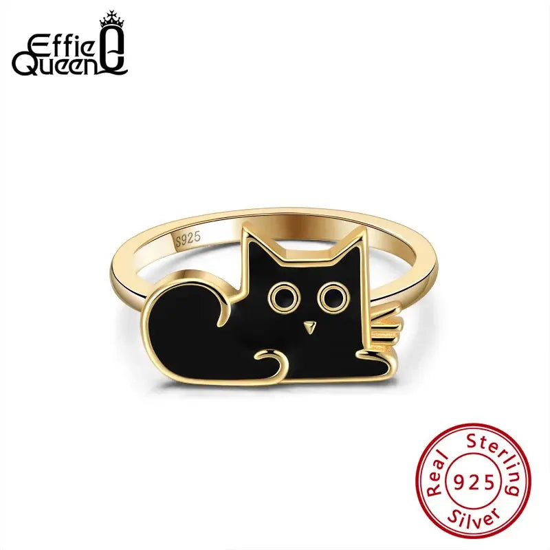  Black Cat Cute Enamel 925 Silver Finger Ring 