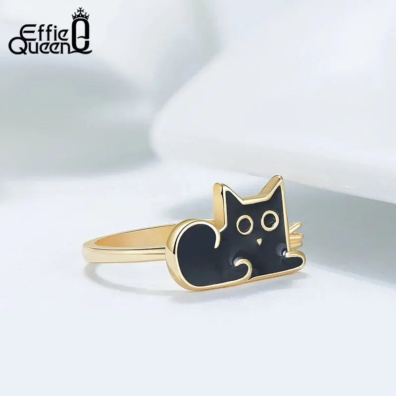  Black Cat Cute Enamel 925 Silver Finger Ring 