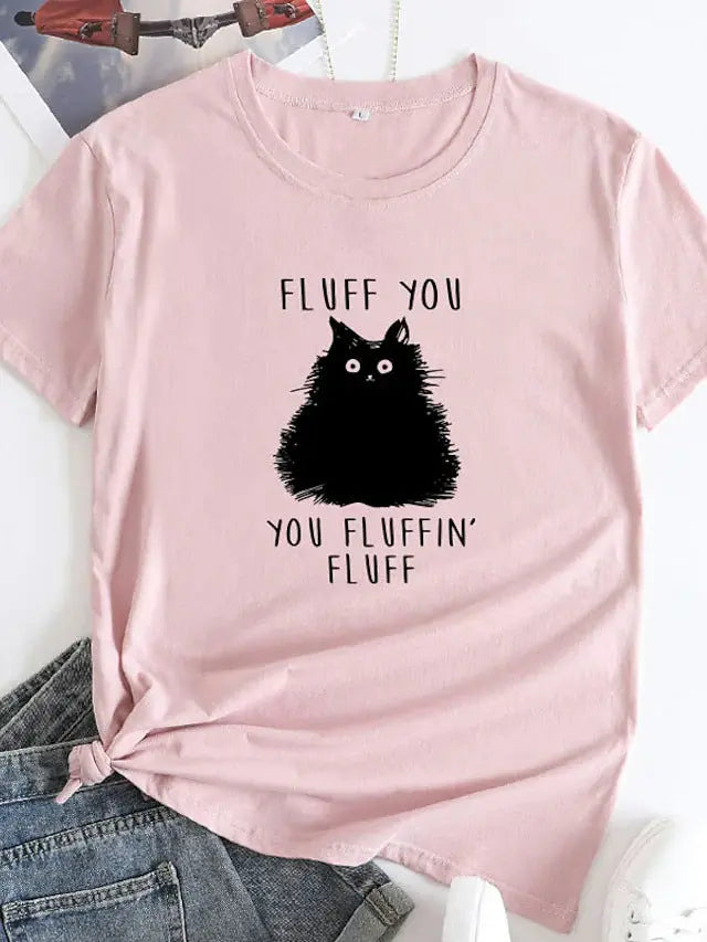 Female Pattern Fluffy Cat Short Sleeve Black Cats Store