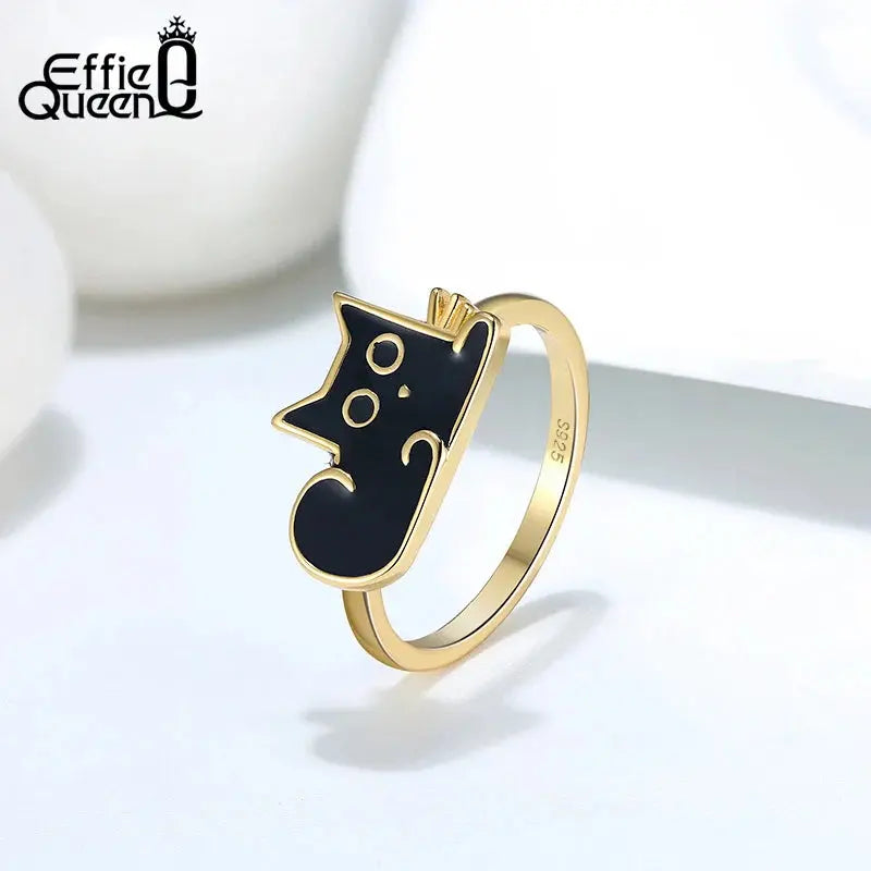  Black Cat Cute Enamel 925 Silver Finger Ring 