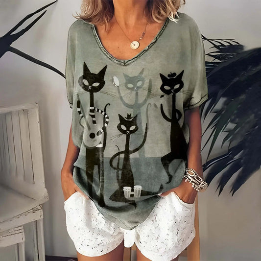 Women's Casual Short Sleeve V-Neck Black Cat Top Black Cats Store