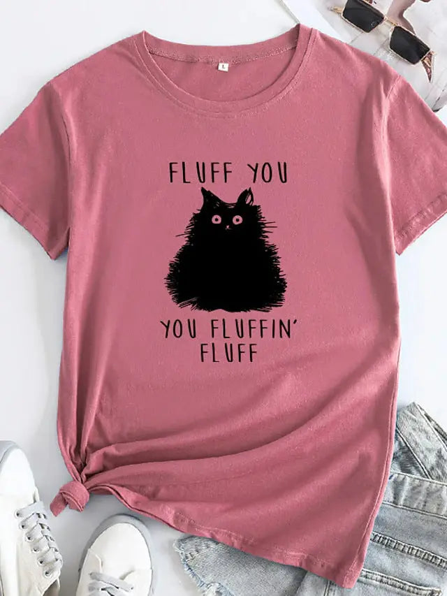 Female Pattern Fluffy Cat Short Sleeve Black Cats Store