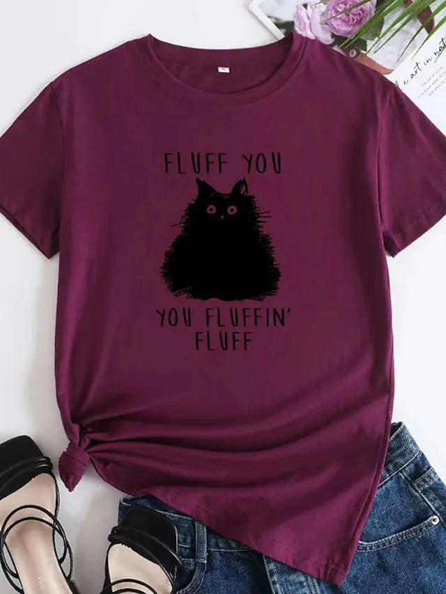 Female Pattern Fluffy Cat Short Sleeve Black Cats Store