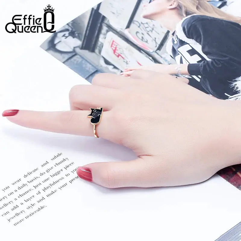  Black Cat Cute Enamel 925 Silver Finger Ring 