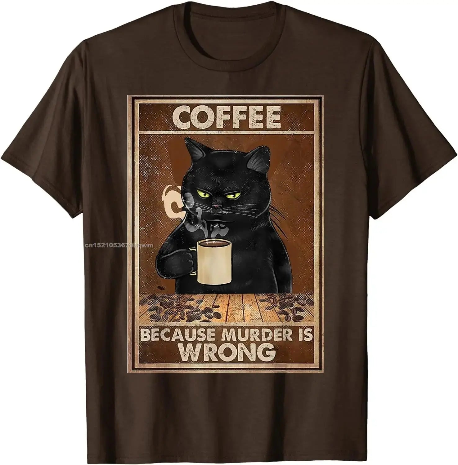 Coffee Because Murder Is Wrong Black Cat Drinks Coffee Funny T-Shirt Oversized Hip hop T Shirt Cotton Tops Tees for Men Leisure Black Cats Store