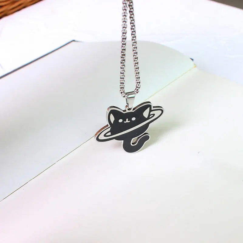 Stainless steel reading cat necklace Black Cats Store