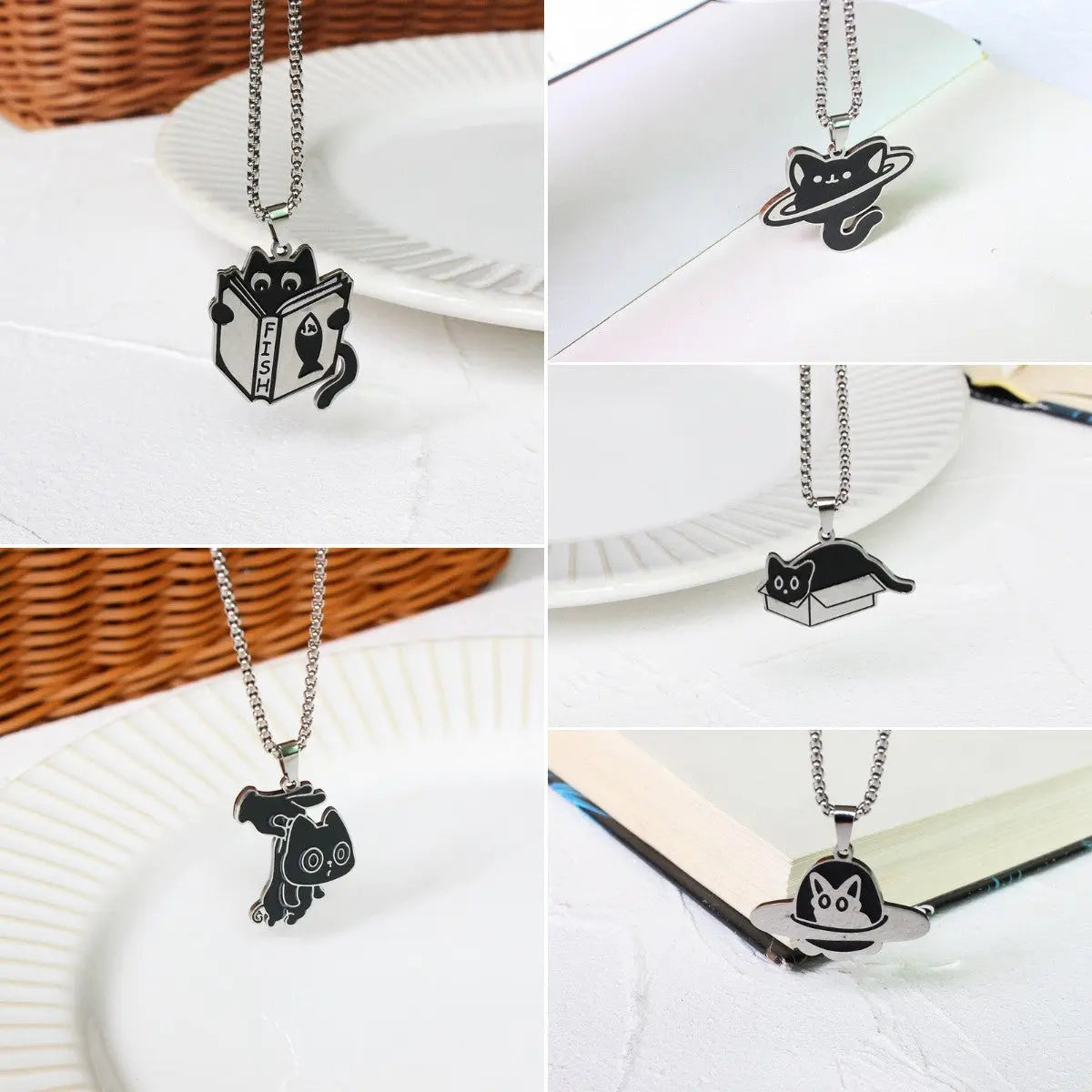 Stainless steel reading cat necklace Black Cats Store