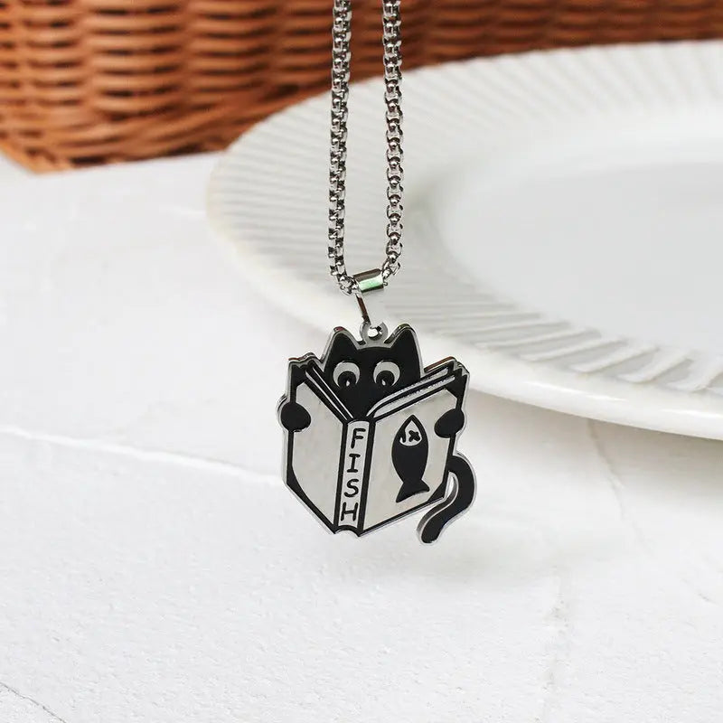 Stainless steel reading cat necklace Black Cats Store