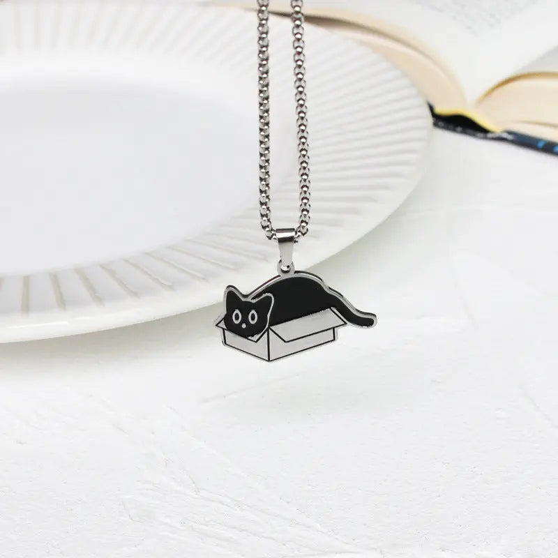 Stainless steel reading cat necklace Black Cats Store