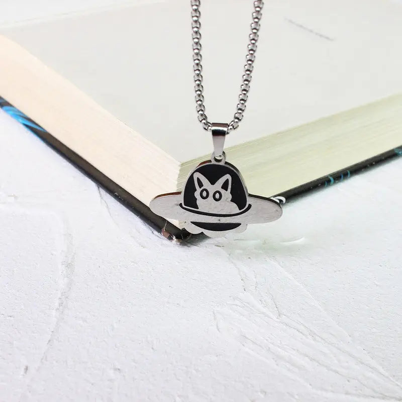 Stainless steel reading cat necklace Black Cats Store