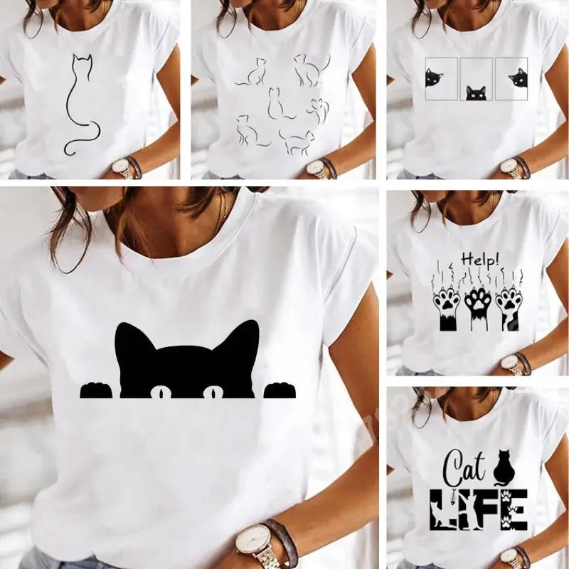 Summer Black Cat Printed T Shirts for Women Black Cats Store