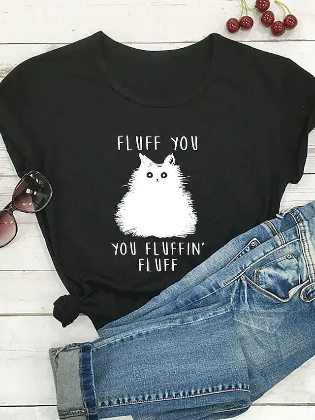 Female Pattern Fluffy Cat Short Sleeve Black Cats Store