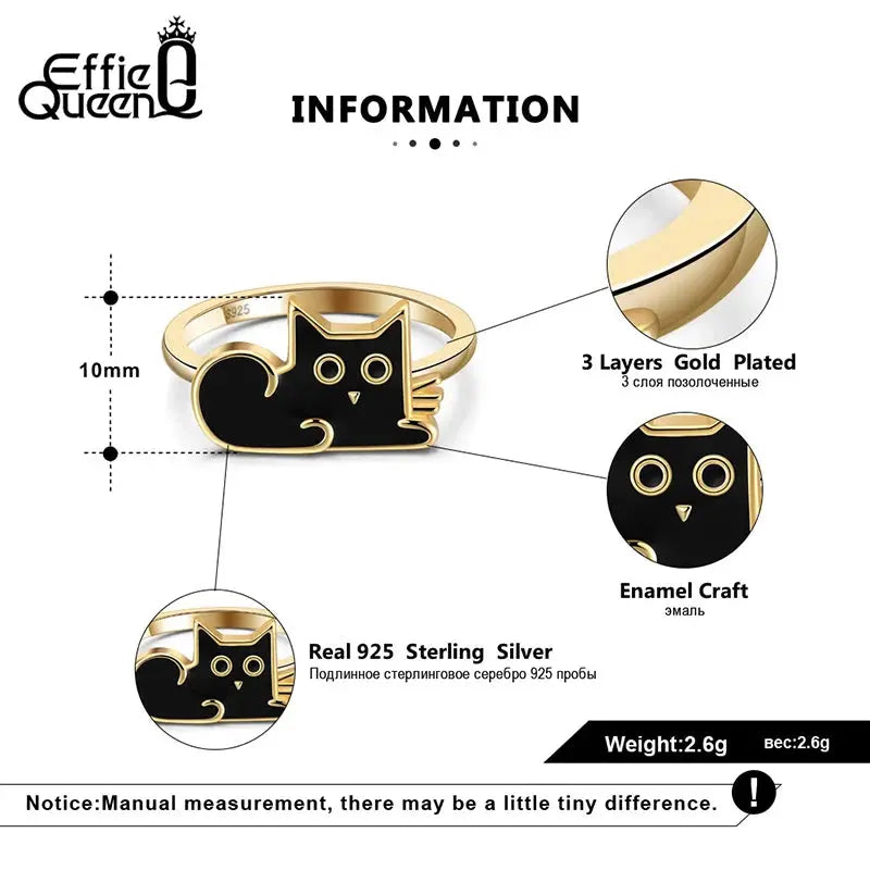  Black Cat Cute Enamel 925 Silver Finger Ring 