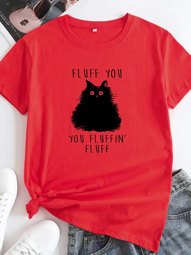 Female Pattern Fluffy Cat Short Sleeve Black Cats Store